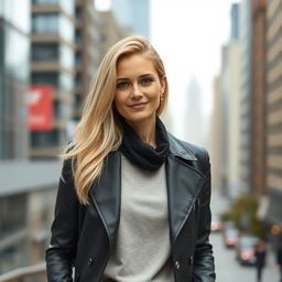 A 35-year-old European woman with blonde hair, dressed in stylish clothing suitable for a modern urban setting