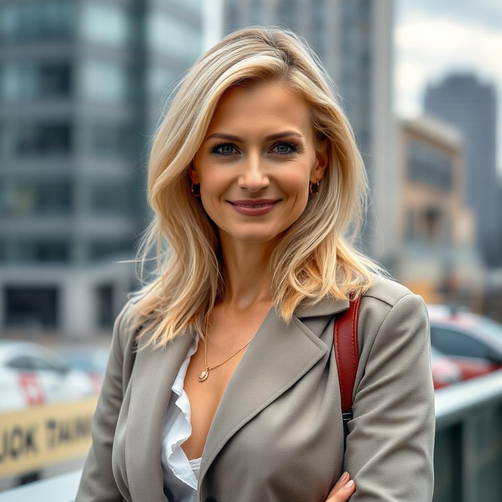 A 35-year-old European woman with blonde hair, dressed in stylish clothing suitable for a modern urban setting