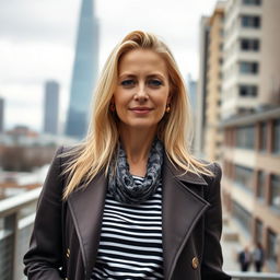 A 35-year-old European woman with blonde hair, dressed in stylish clothing suitable for a modern urban setting