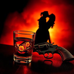 A captivating dark romance book cover featuring a beautifully rendered glass of amber whiskey placed elegantly beside a vintage revolver