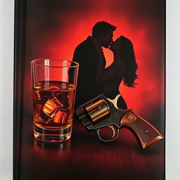 A captivating dark romance book cover featuring a beautifully rendered glass of amber whiskey placed elegantly beside a vintage revolver