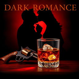 A captivating dark romance book cover featuring a beautifully rendered glass of amber whiskey placed elegantly beside a vintage revolver