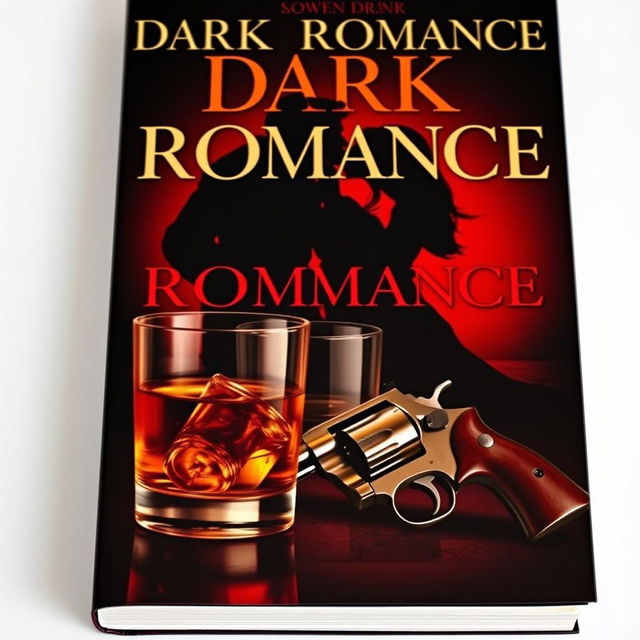 A captivating dark romance book cover featuring a beautifully rendered glass of amber whiskey placed elegantly beside a vintage revolver