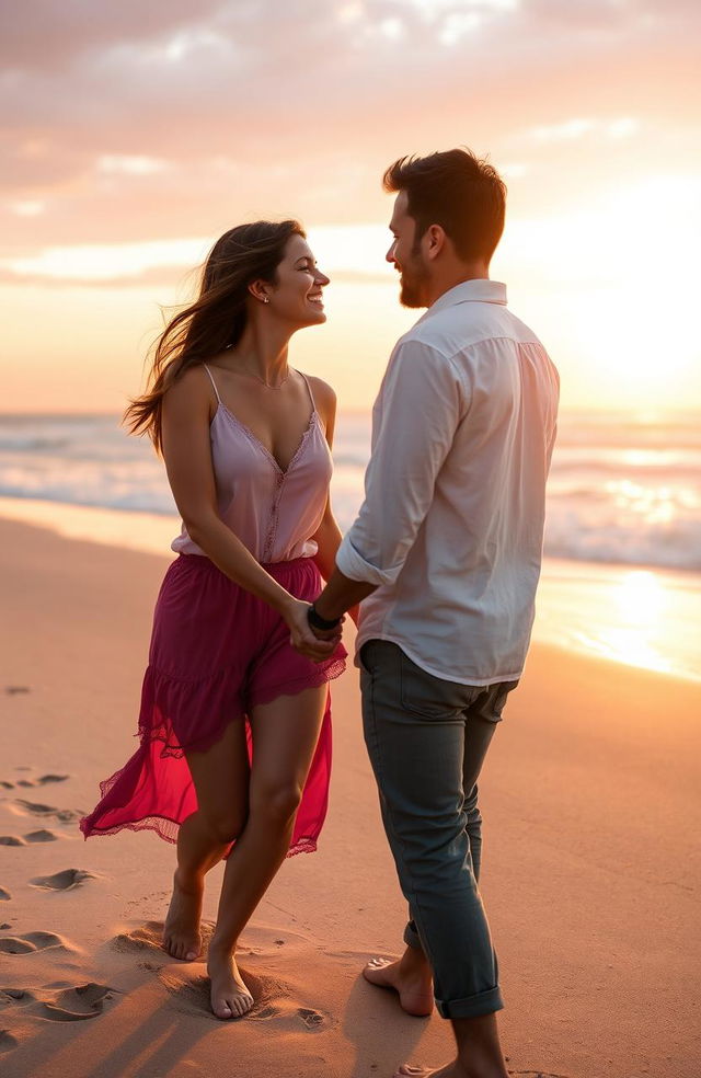 A romantic scene capturing tender moments between a couple in a serene, natural setting