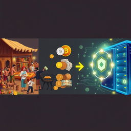 An engaging visual journey illustrating the transition from barter to blockchain