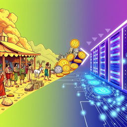 An engaging visual journey illustrating the transition from barter to blockchain