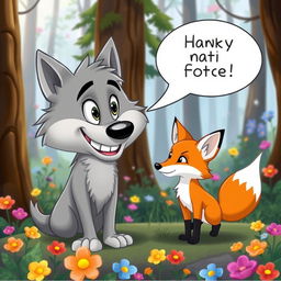 A cartoon wolf chatting with a cartoon fox in a friendly manner