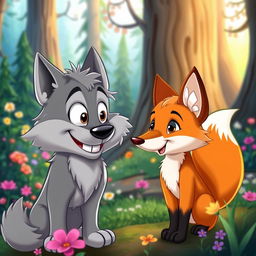A cartoon wolf chatting with a cartoon fox in a friendly manner