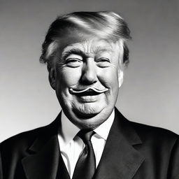 Generate a respectful image of Donald Trump standing, smiling with a thin Charlie Chaplin style mustache.