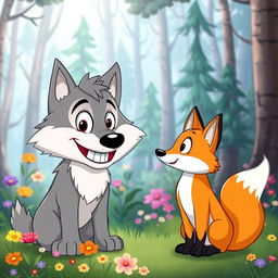 A cartoon wolf chatting with a cartoon fox in a friendly manner