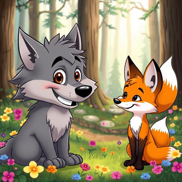 A cartoon wolf chatting with a cartoon fox in a friendly manner