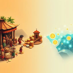 An intricately designed visual story showcasing the evolution from barter to blockchain