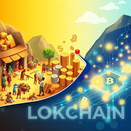 An intricately designed visual story showcasing the evolution from barter to blockchain