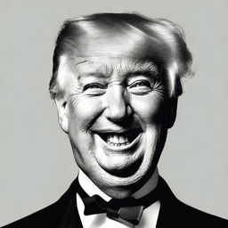 Generate a respectful image of Donald Trump standing, smiling with a thin Charlie Chaplin style mustache.