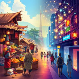 An imaginative illustration symbolizing the journey from barter trade to blockchain technology