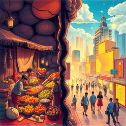 An imaginative illustration symbolizing the journey from barter trade to blockchain technology