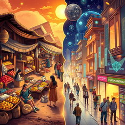 An imaginative illustration symbolizing the journey from barter trade to blockchain technology