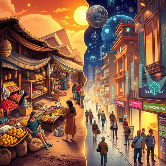 An imaginative illustration symbolizing the journey from barter trade to blockchain technology