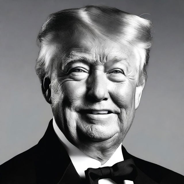 Generate a respectful image of Donald Trump standing, smiling with a thin Charlie Chaplin style mustache.