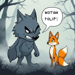 A cartoon angry wolf standing in a foggy environment, fiercely talking to a cartoon fox