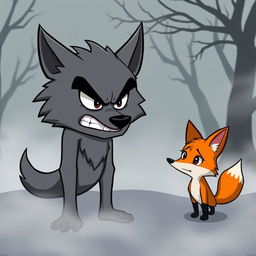 A cartoon angry wolf standing in a foggy environment, fiercely talking to a cartoon fox