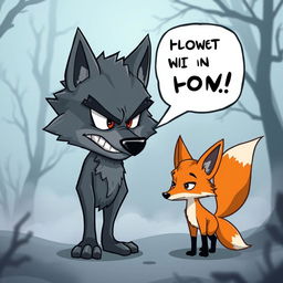 A cartoon angry wolf standing in a foggy environment, fiercely talking to a cartoon fox