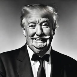 Generate a respectful image of Donald Trump standing, smiling with a thin Charlie Chaplin style mustache.