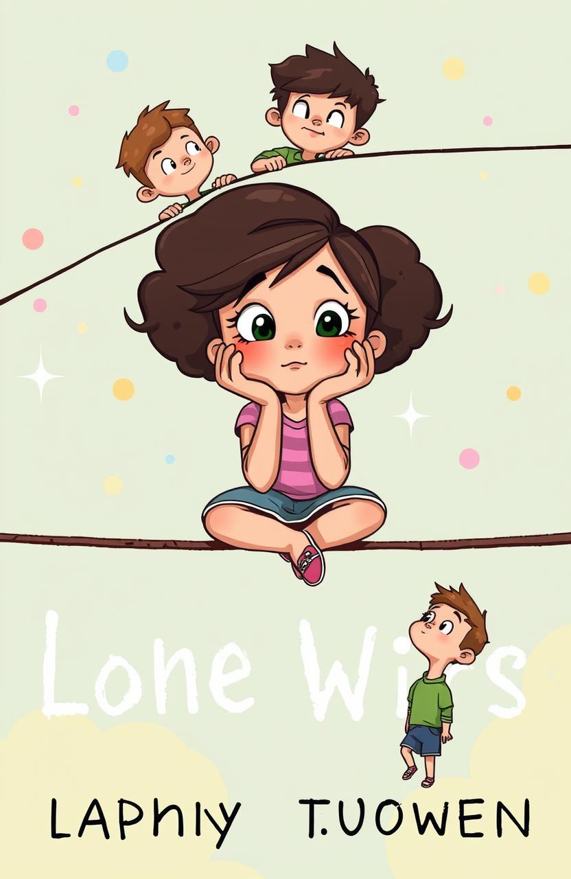 A cartoon style young adult book cover featuring a girl sitting on a thin line in the center of the cover, with her hands resting on her cheeks, portraying a thoughtful expression