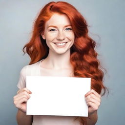 A beautiful girl with flowing, vibrant red hair, holding a blank sign with a friendly smile on her face.