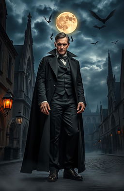 A vampire standing dramatically in the heart of Europe, illuminated by the moonlight, with Gothic architecture in the background showcasing intricate details of old cathedrals and cobblestone streets