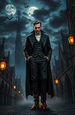 A vampire standing dramatically in the heart of Europe, illuminated by the moonlight, with Gothic architecture in the background showcasing intricate details of old cathedrals and cobblestone streets