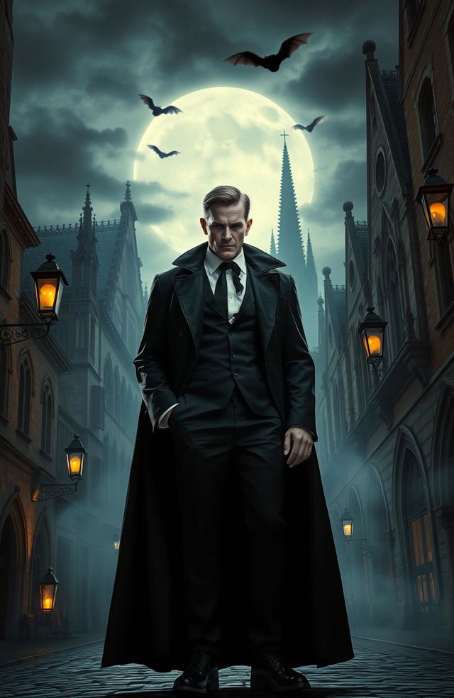 A vampire standing dramatically in the heart of Europe, illuminated by the moonlight, with Gothic architecture in the background showcasing intricate details of old cathedrals and cobblestone streets