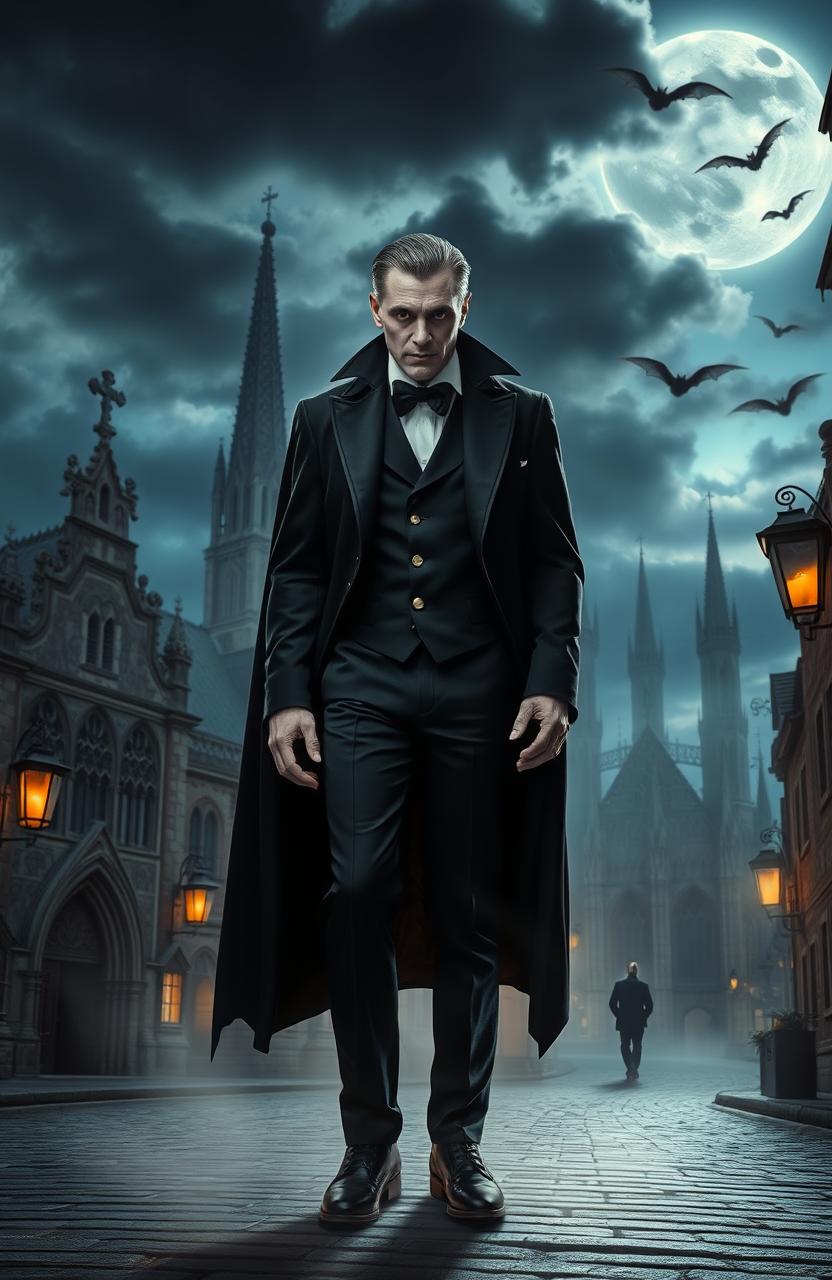 A vampire standing dramatically in the heart of Europe, illuminated by the moonlight, with Gothic architecture in the background showcasing intricate details of old cathedrals and cobblestone streets