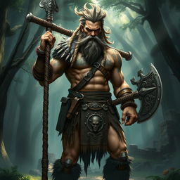 A fierce and muscular barbarian warrior standing proudly in a dense, misty forest