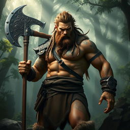 A fierce and muscular barbarian warrior standing proudly in a dense, misty forest