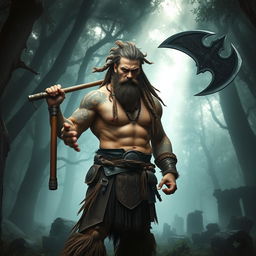 A fierce and muscular barbarian warrior standing proudly in a dense, misty forest