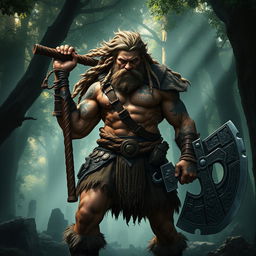 A fierce and muscular barbarian warrior standing proudly in a dense, misty forest