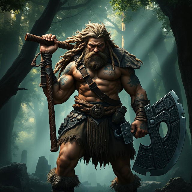 A fierce and muscular barbarian warrior standing proudly in a dense, misty forest