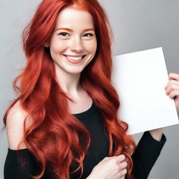 A beautiful girl with flowing, vibrant red hair, holding a blank sign with a friendly smile on her face.