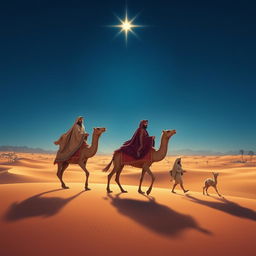 Three wise men in ornate, flowing robes riding on camels, journeying across a vast and serene Middle Eastern landscape