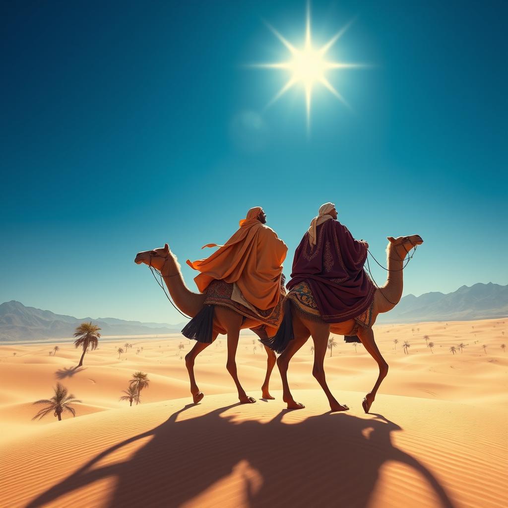 Three wise men in ornate, flowing robes riding on camels, journeying across a vast and serene Middle Eastern landscape