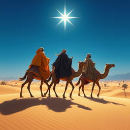 Three wise men in ornate, flowing robes riding on camels, journeying across a vast and serene Middle Eastern landscape
