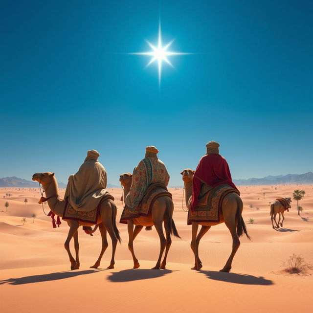 Three wise men in ornate, flowing robes riding on camels, journeying across a vast and serene Middle Eastern landscape