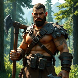 A fierce barbarian warrior with short hair, wearing rugged leather armor, standing in a lush green forest