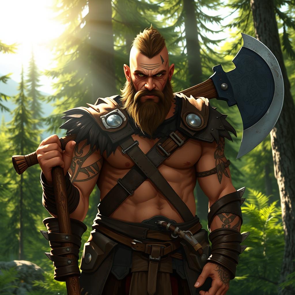 A fierce barbarian warrior with short hair, wearing rugged leather armor, standing in a lush green forest