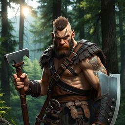 A fierce barbarian warrior with short hair, wearing rugged leather armor, standing in a lush green forest