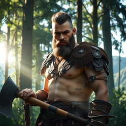 A fierce barbarian warrior with short hair, wearing rugged leather armor, standing in a lush green forest