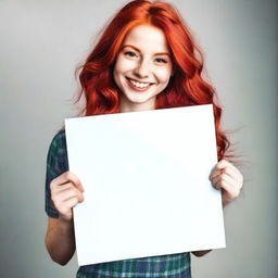 A beautiful girl with flowing, vibrant red hair, holding a blank sign with a friendly smile on her face.