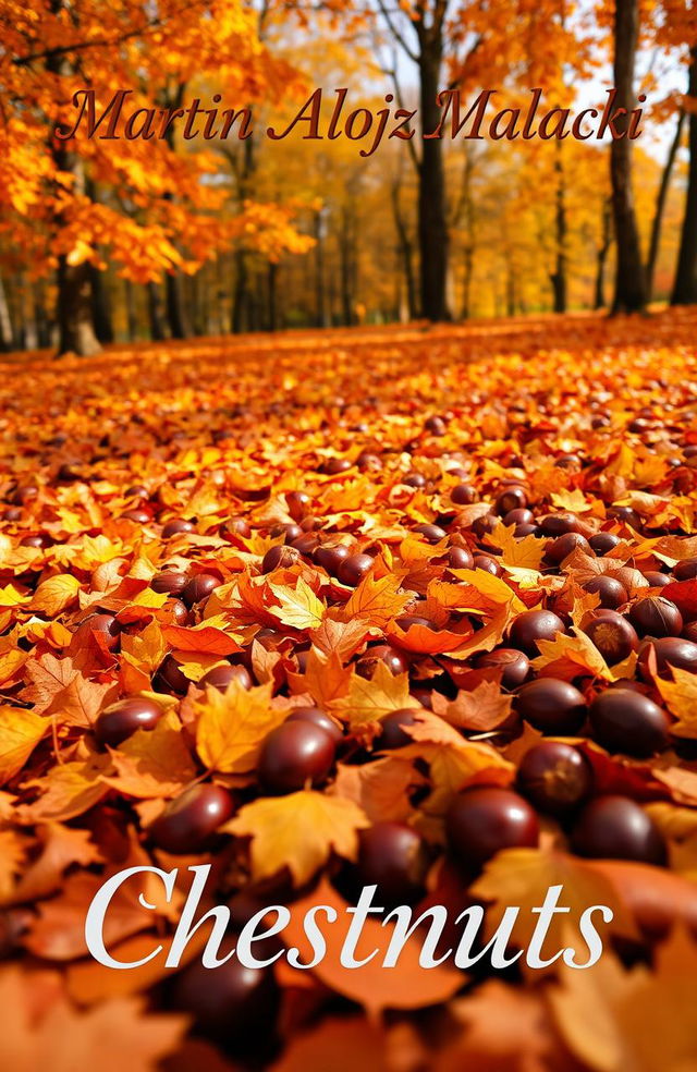 A beautiful autumn scene featuring a ground covered in vibrant orange, yellow, and red leaves from trees, with shiny chestnuts scattered among the leaves