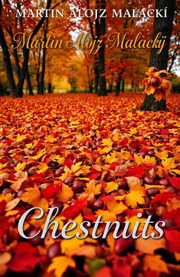 A beautiful autumn scene featuring a ground covered in vibrant orange, yellow, and red leaves from trees, with shiny chestnuts scattered among the leaves